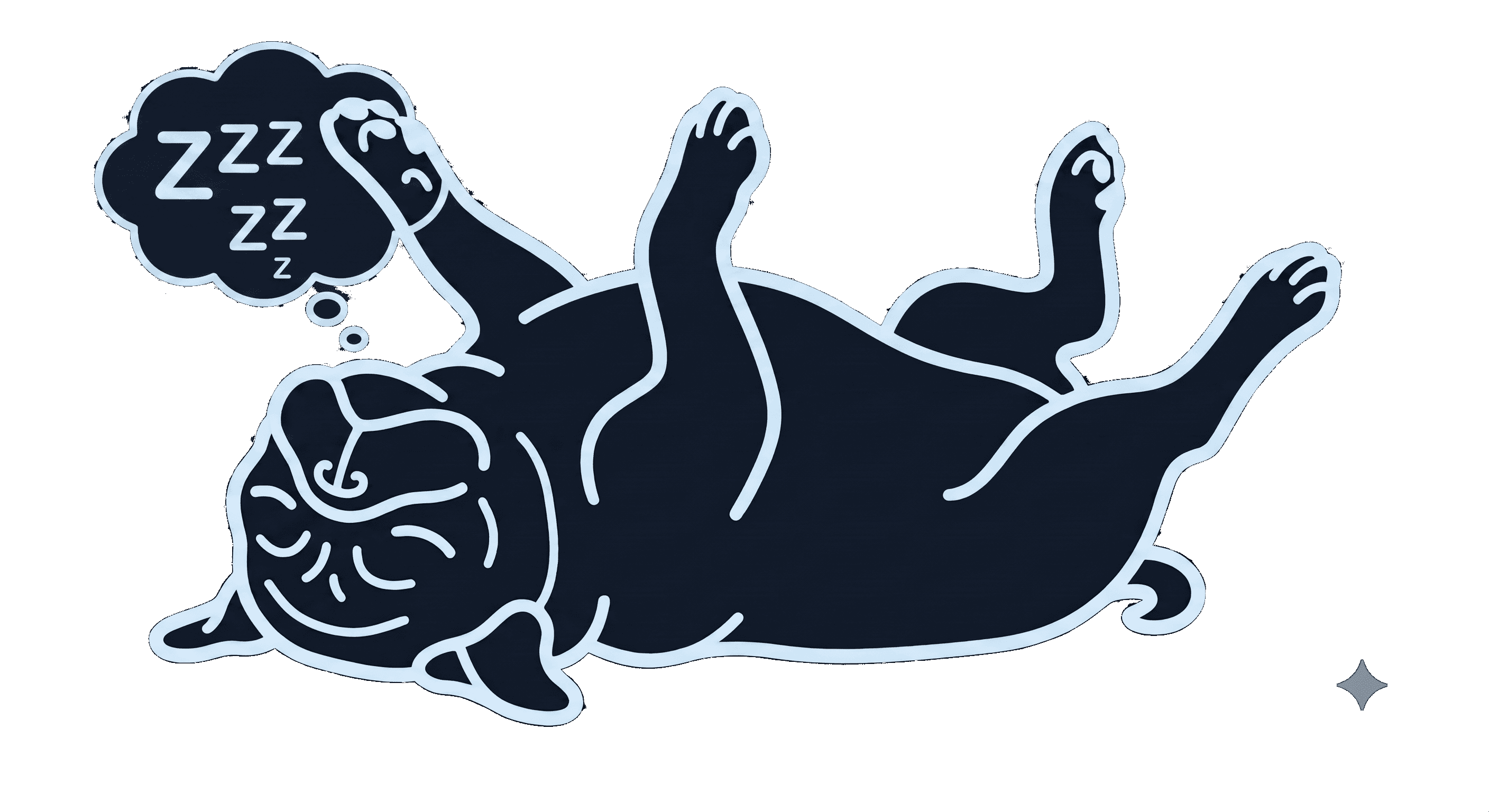 Line drawing of a pug sleeping on its back
